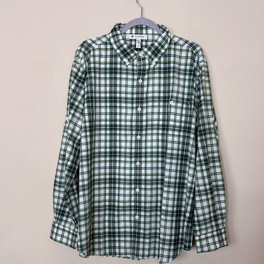Coolibar men’s long sleeve green check plaid button down size M